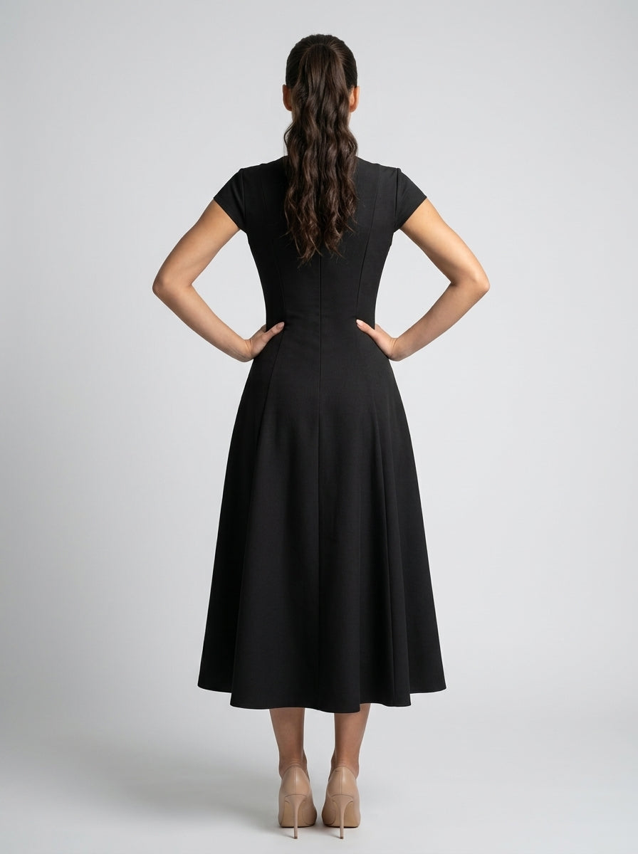Celestine Square Neck Cap Sleeve A Line Midi Dress in Black