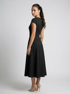 Celestine Square Neck Cap Sleeve A Line Midi Dress in Black