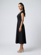 Celestine Square Neck Cap Sleeve A Line Midi Dress in Black