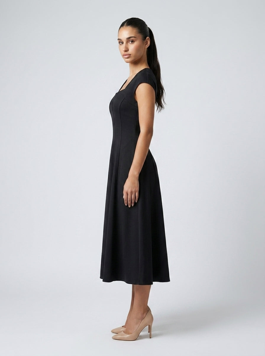 Celestine Square Neck Cap Sleeve A Line Midi Dress in Black