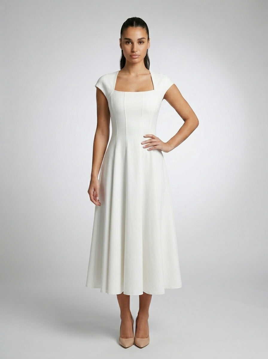 Celestine Square Neck Cap Sleeve A Line Midi Dress in Ivory