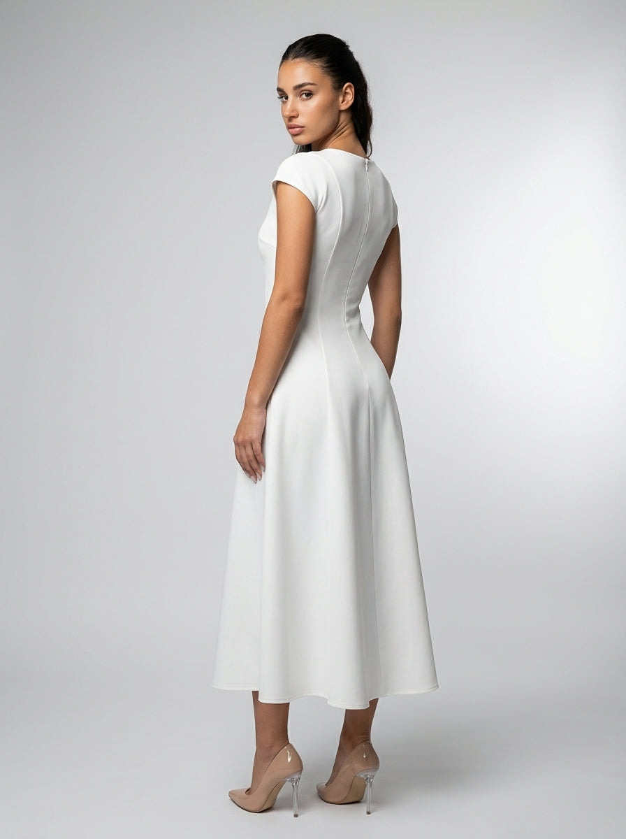Celestine Square Neck Cap Sleeve A Line Midi Dress in Ivory