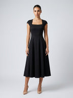 Celestine Square Neck Cap Sleeve A Line Midi Dress in Black