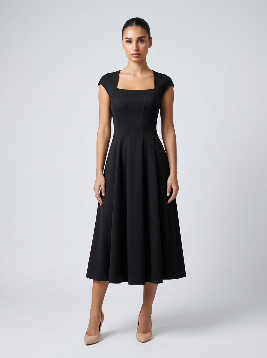 Celestine Square Neck Cap Sleeve A Line Midi Dress in Black