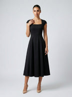 Celestine Square Neck Cap Sleeve A Line Midi Dress in Black