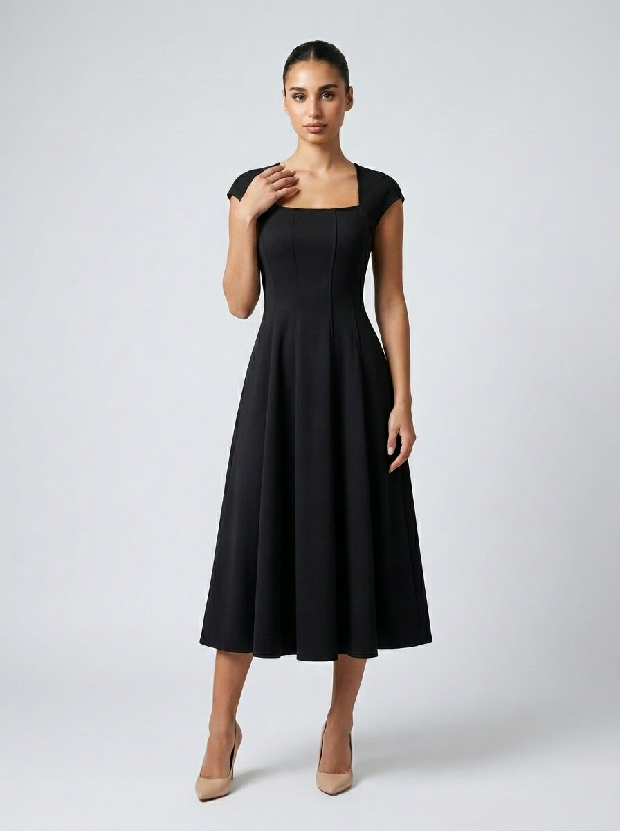 Celestine Square Neck Cap Sleeve A Line Midi Dress in Black
