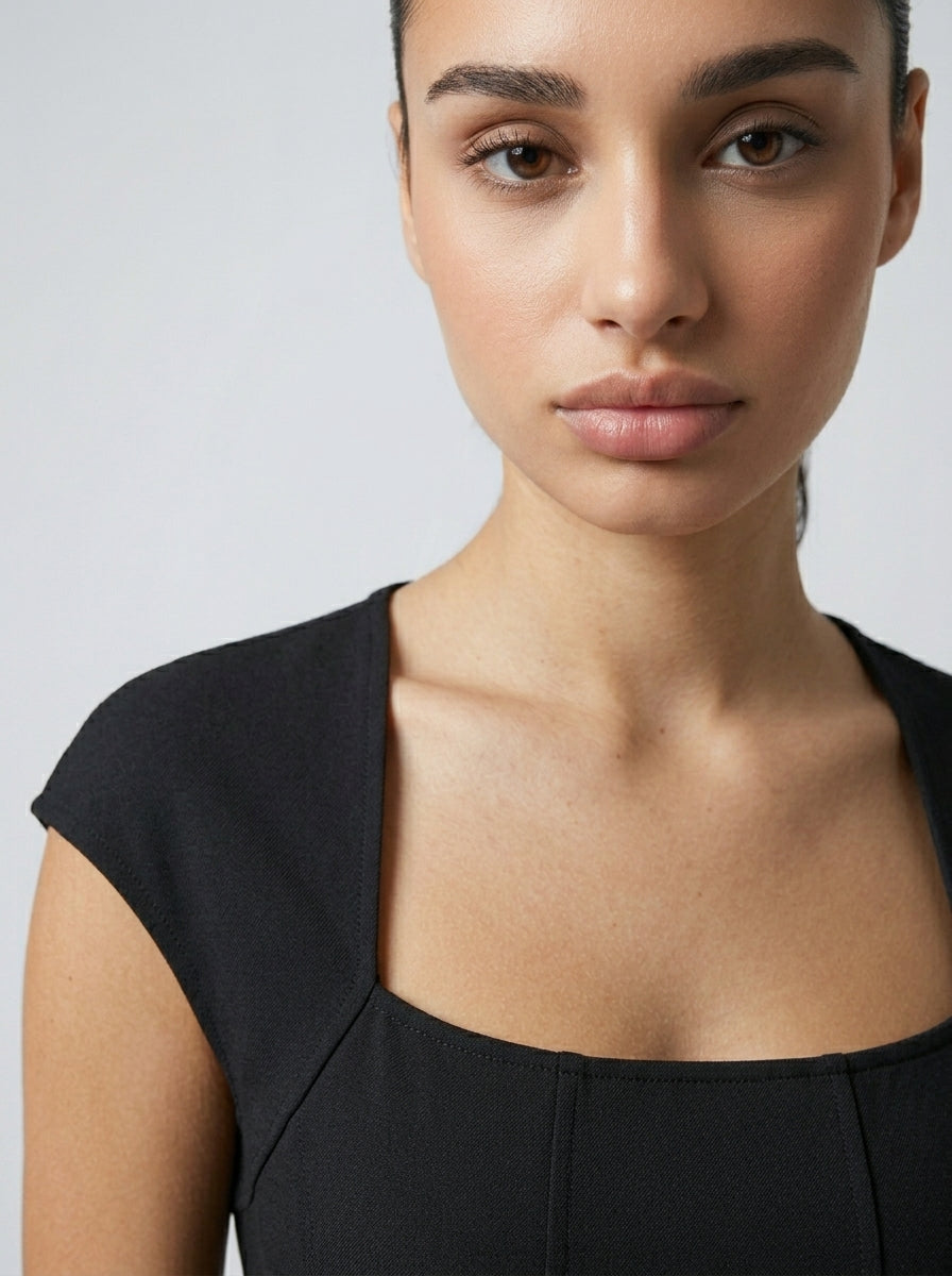 Celestine Square Neck Cap Sleeve A Line Midi Dress in Black