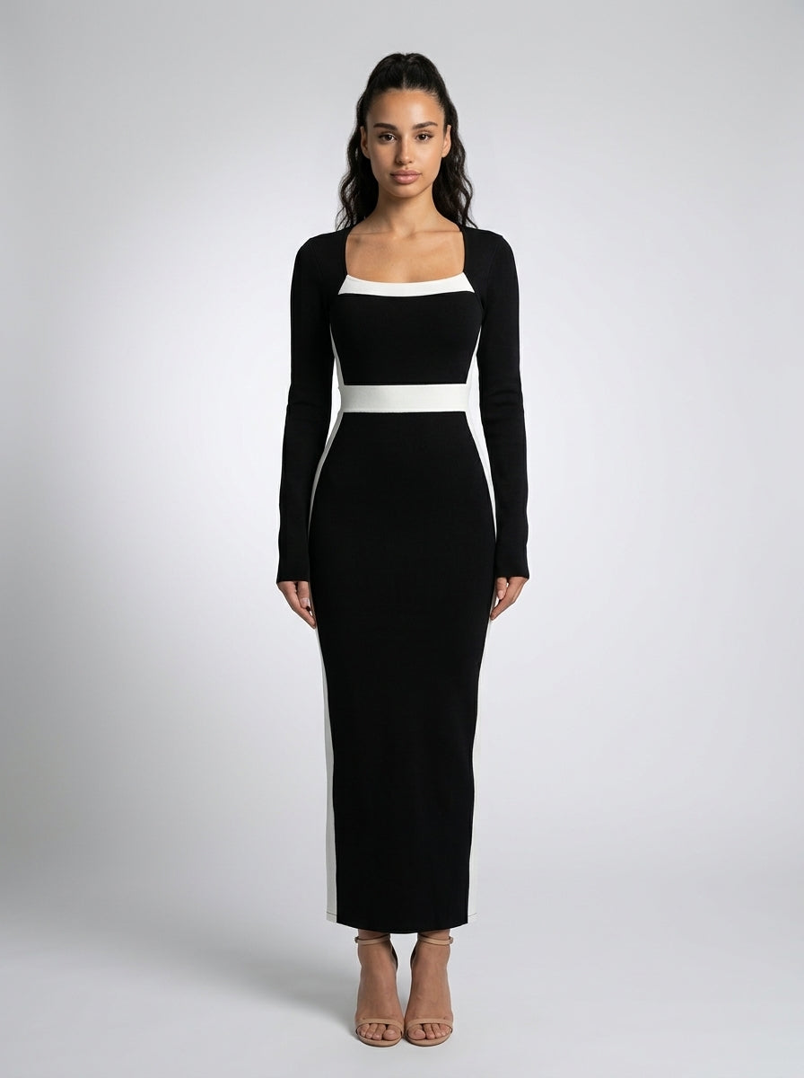 Zadie Square Neck Long Sleeve Color Block Maxi Dress in Black