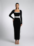 Zadie Square Neck Long Sleeve Color Block Maxi Dress in Black