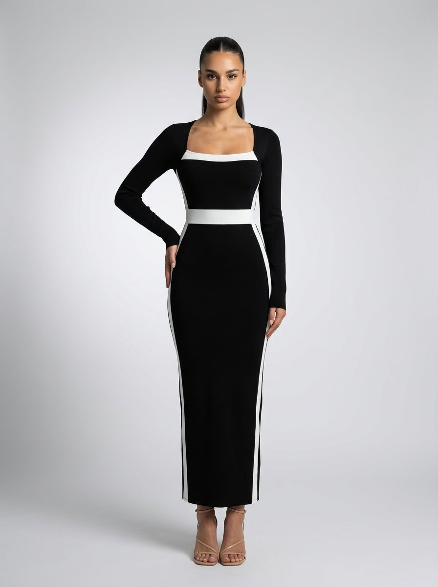 Zadie Square Neck Long Sleeve Color Block Maxi Dress in Black