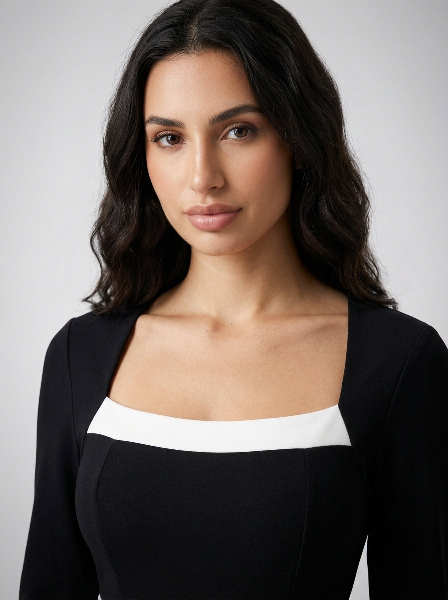 Zadie Square Neck Long Sleeve Color Block Maxi Dress in Black