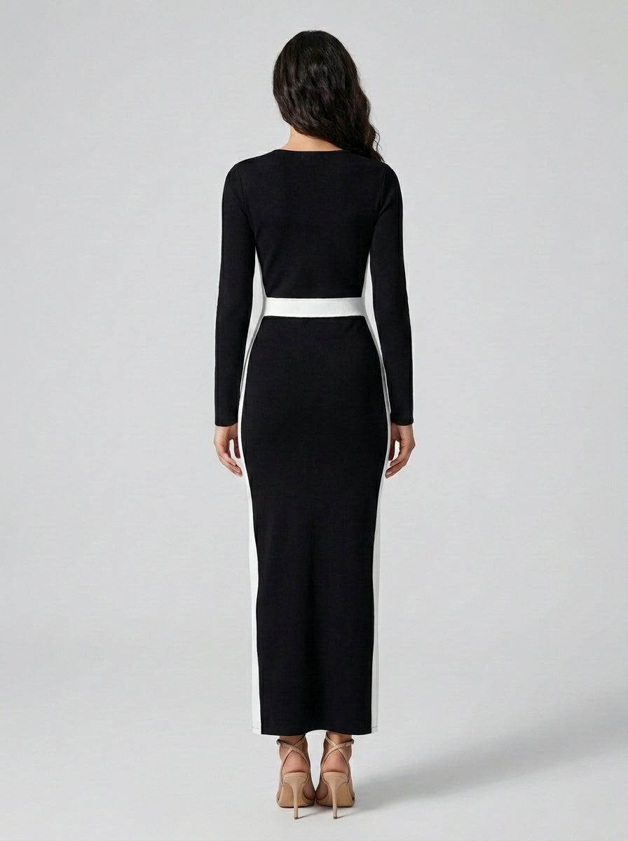 Zadie Square Neck Long Sleeve Color Block Maxi Dress in Black