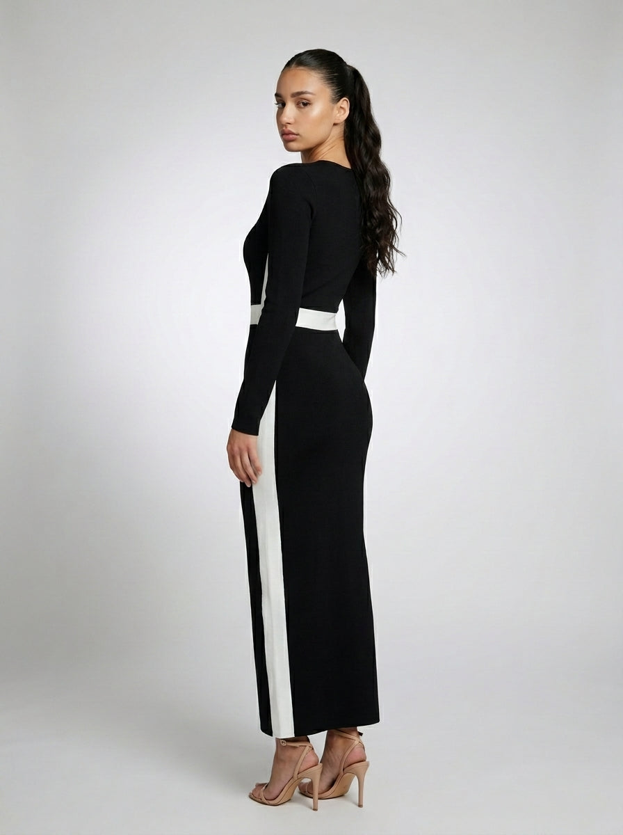 Zadie Square Neck Long Sleeve Color Block Maxi Dress in Black