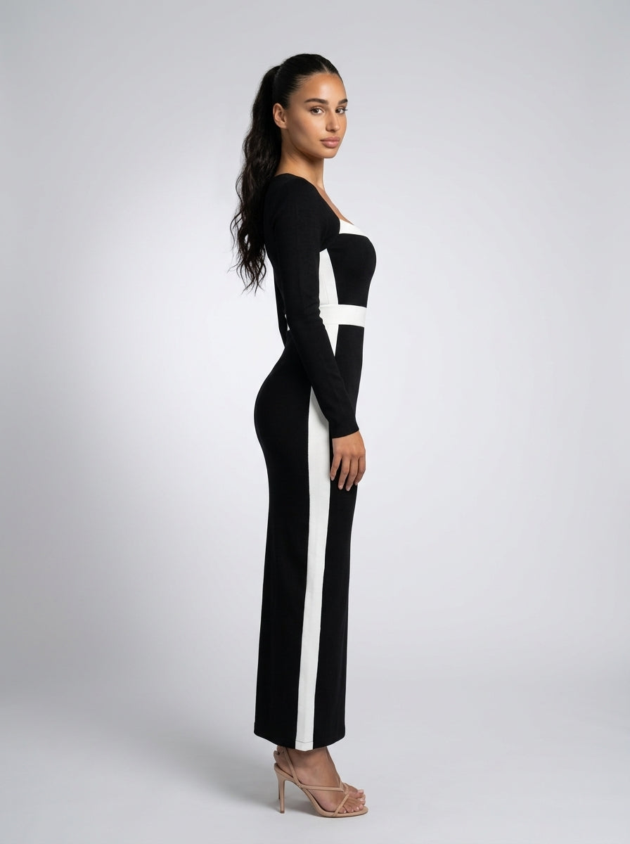 Zadie Square Neck Long Sleeve Color Block Maxi Dress in Black