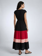 Faye V Neck Cap Sleeve Color Block Tiered Maxi Dress in Black