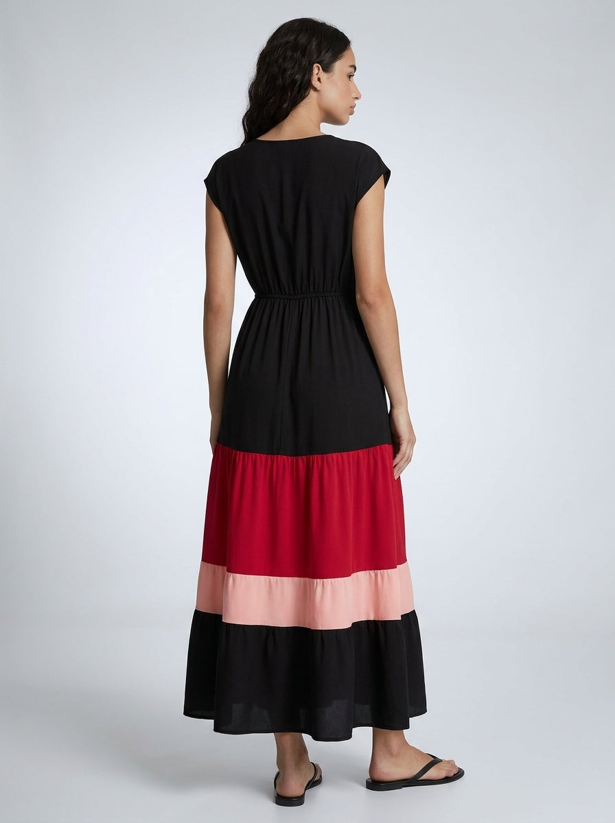 Faye V Neck Cap Sleeve Color Block Tiered Maxi Dress in Black