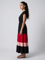 Faye V Neck Cap Sleeve Color Block Tiered Maxi Dress in Black