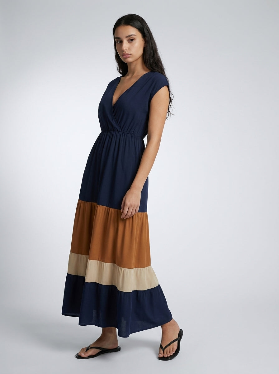 Faye V Neck Cap Sleeve Color Block Tiered Maxi Dress in Navy