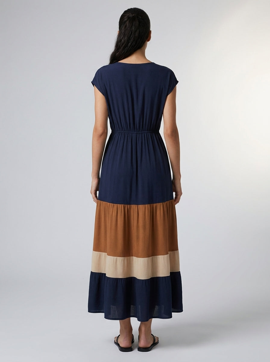 Faye V Neck Cap Sleeve Color Block Tiered Maxi Dress in Navy