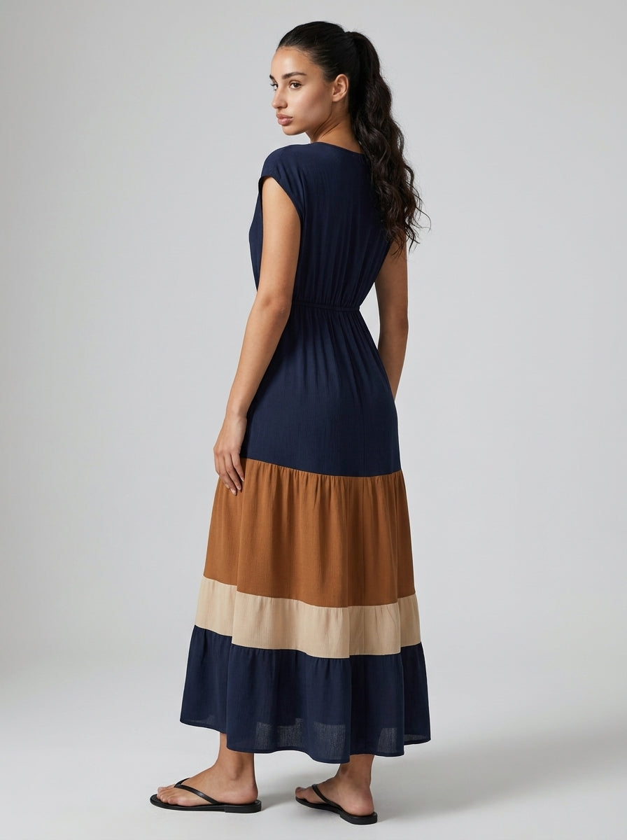 Faye V Neck Cap Sleeve Color Block Tiered Maxi Dress in Navy