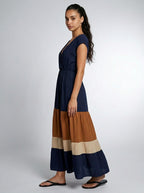 Faye V Neck Cap Sleeve Color Block Tiered Maxi Dress in Navy