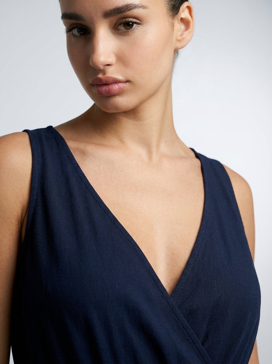 Faye V Neck Cap Sleeve Color Block Tiered Maxi Dress in Navy
