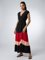 Faye V Neck Cap Sleeve Color Block Tiered Maxi Dress in Black