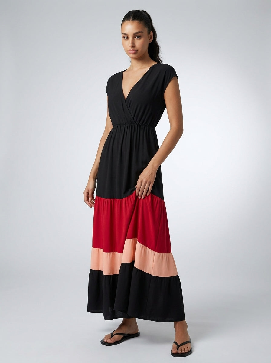 Faye V Neck Cap Sleeve Color Block Tiered Maxi Dress in Black