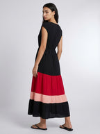 Faye V Neck Cap Sleeve Color Block Tiered Maxi Dress in Black
