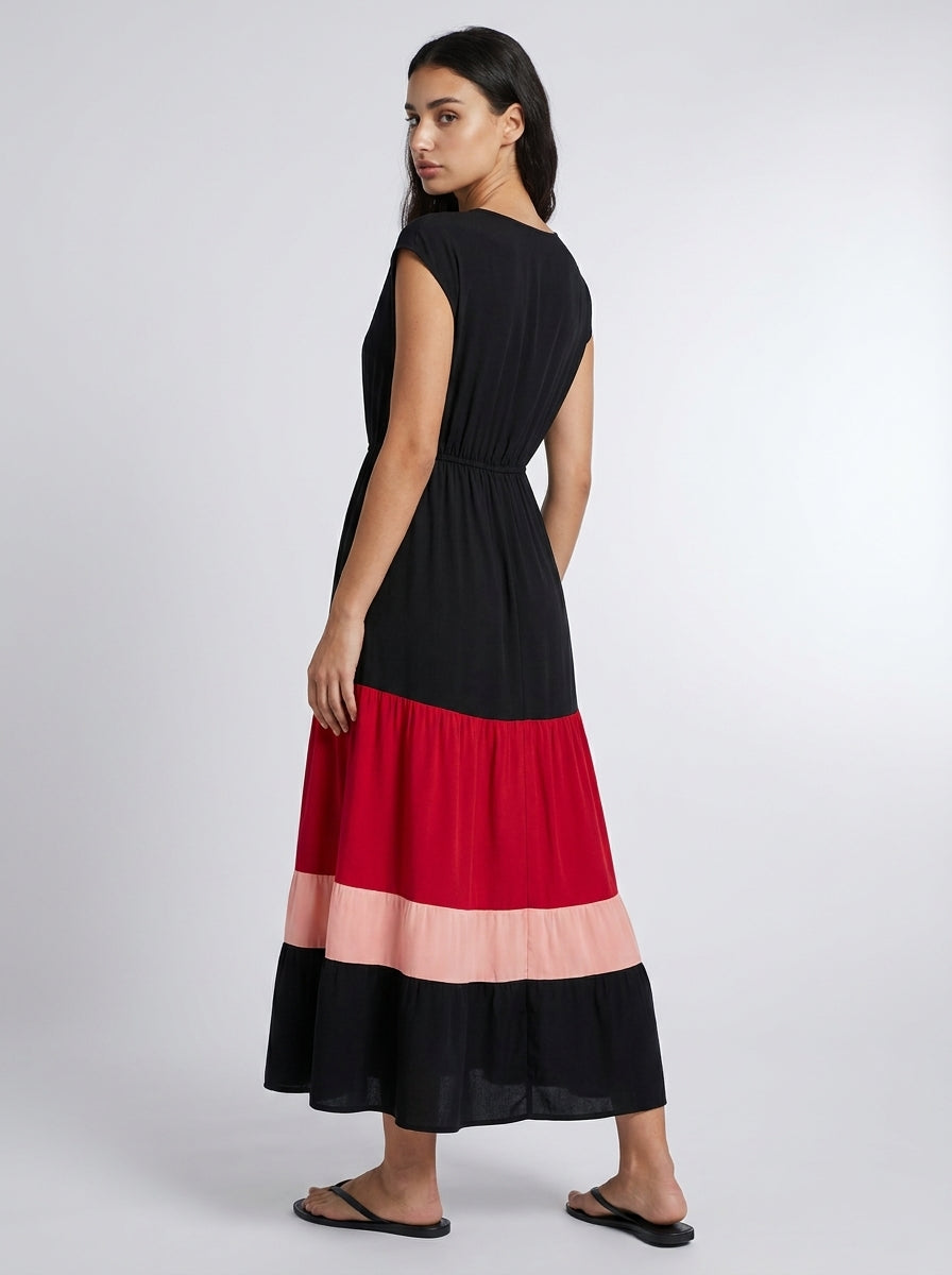 Faye V Neck Cap Sleeve Color Block Tiered Maxi Dress in Black