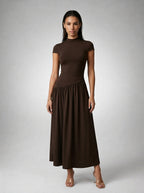 Elowen Crew Neck Short Sleeve Pleated A Line Midi Dress in Brown