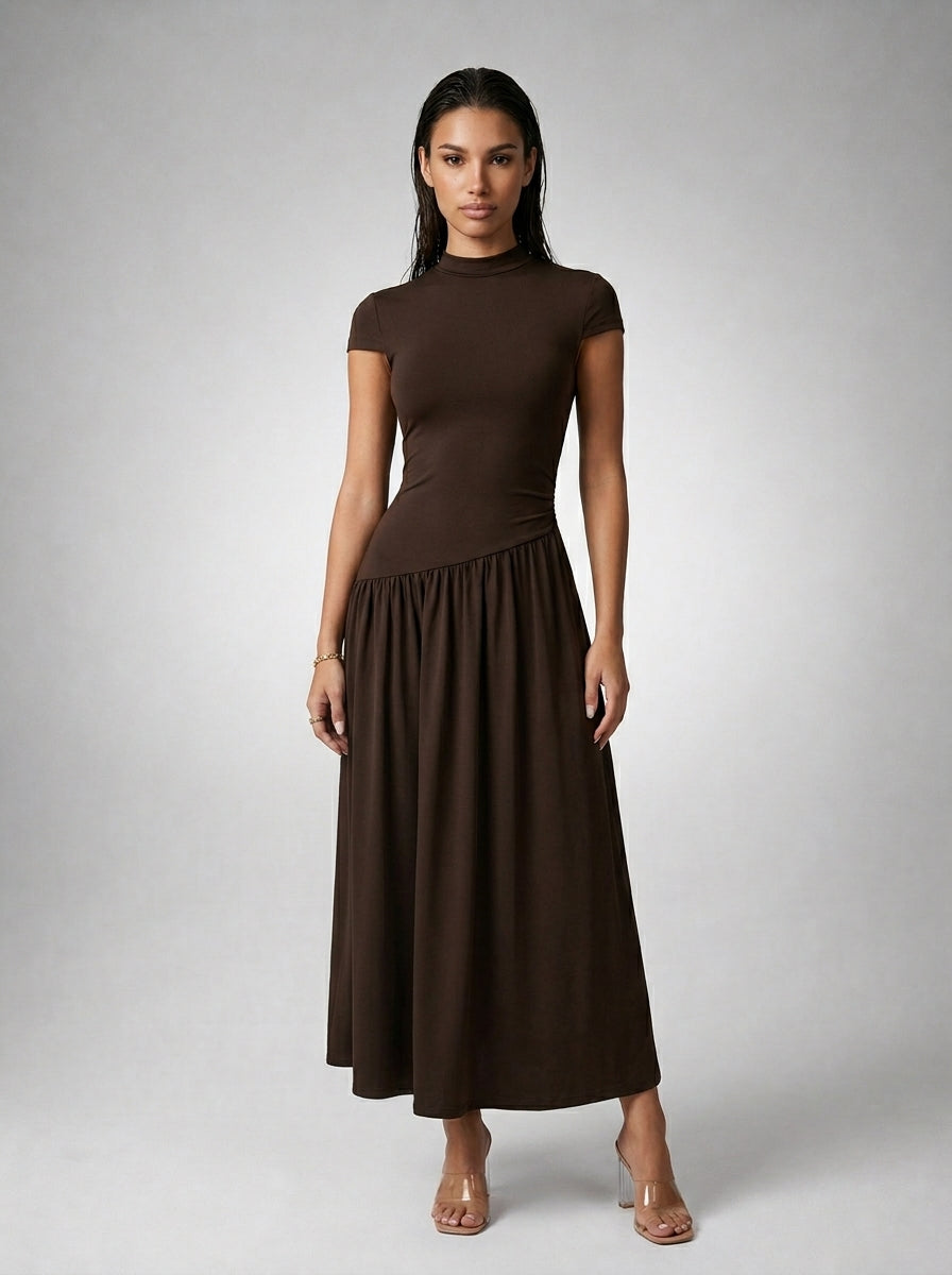 Elowen Crew Neck Short Sleeve Pleated A Line Midi Dress in Brown