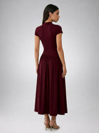 Elowen Crew Neck Short Sleeve Pleated A Line Midi Dress in Burgundy
