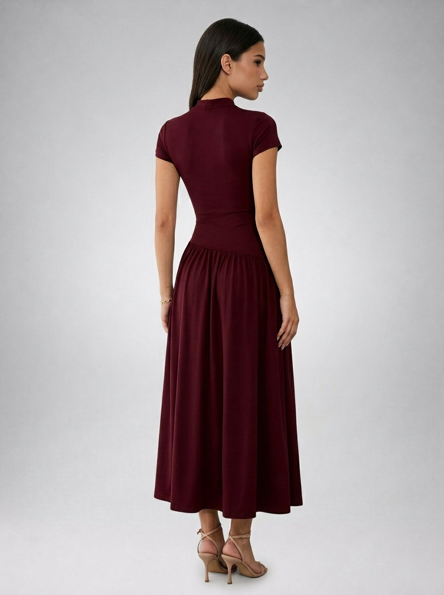 Elowen Crew Neck Short Sleeve Pleated A Line Midi Dress in Burgundy