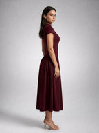 Elowen Crew Neck Short Sleeve Pleated A Line Midi Dress in Burgundy