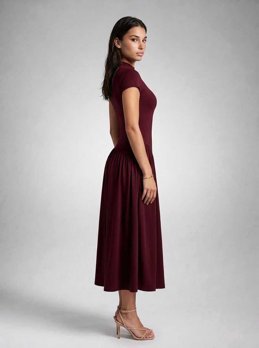 Elowen Crew Neck Short Sleeve Pleated A Line Midi Dress in Burgundy