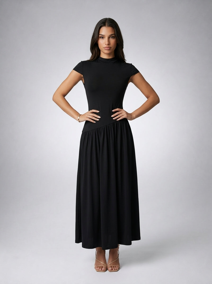 Elowen Crew Neck Short Sleeve Pleated A Line Midi Dress in Black