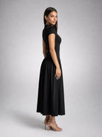Elowen Crew Neck Short Sleeve Pleated A Line Midi Dress in Black