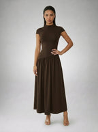 Elowen Crew Neck Short Sleeve Pleated A Line Midi Dress in Brown
