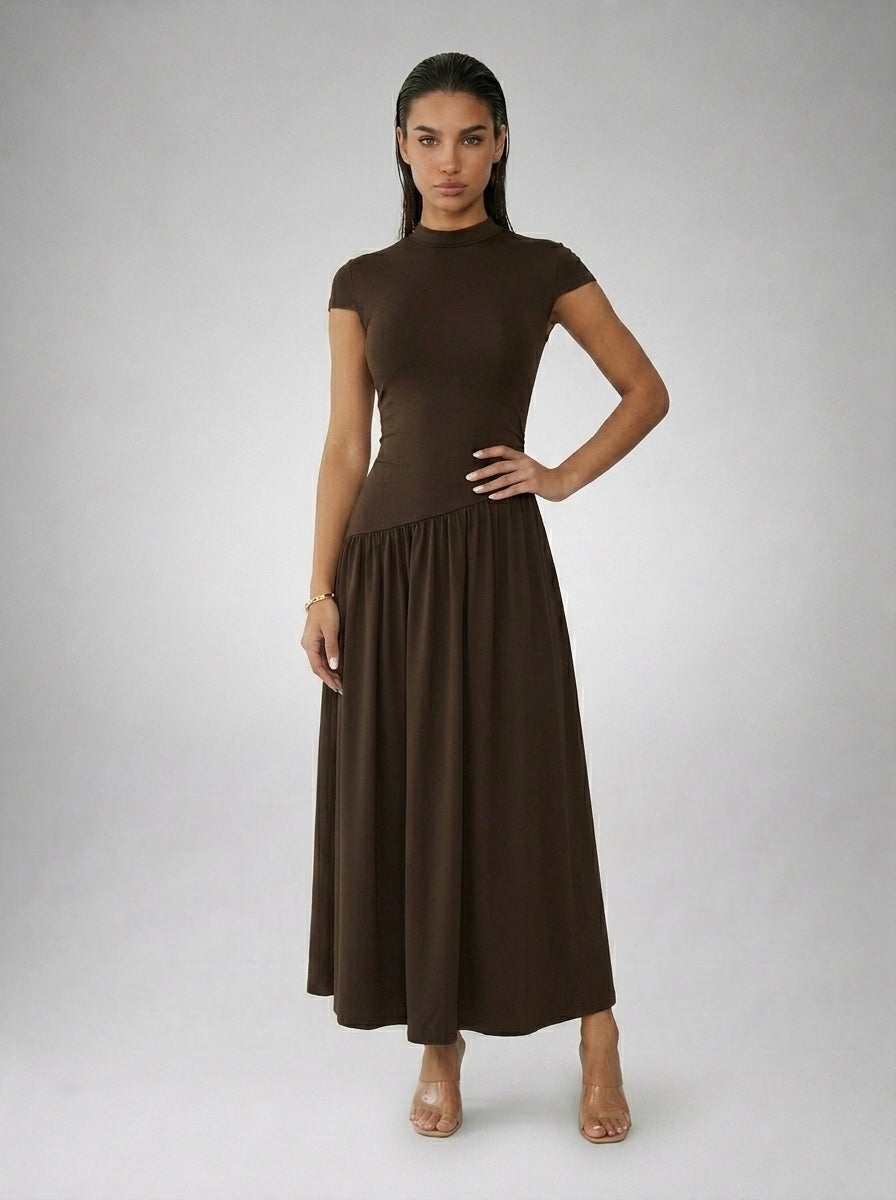 Elowen Crew Neck Short Sleeve Pleated A Line Midi Dress in Brown