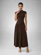 Elowen Crew Neck Short Sleeve Pleated A Line Midi Dress in Brown