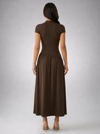 Elowen Crew Neck Short Sleeve Pleated A Line Midi Dress in Brown