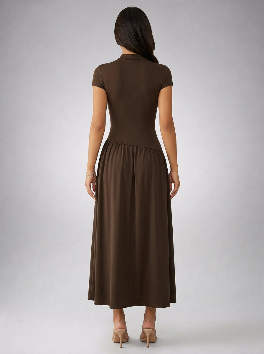 Elowen Crew Neck Short Sleeve Pleated A Line Midi Dress in Brown