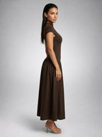 Elowen Crew Neck Short Sleeve Pleated A Line Midi Dress in Brown