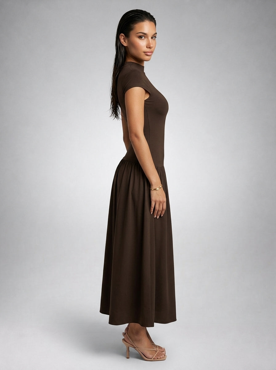 Elowen Crew Neck Short Sleeve Pleated A Line Midi Dress in Brown