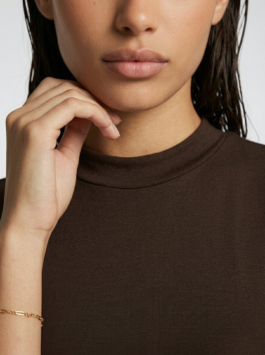 Elowen Crew Neck Short Sleeve Pleated A Line Midi Dress in Brown