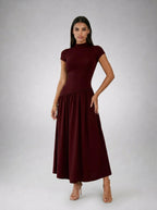 Elowen Crew Neck Short Sleeve Pleated A Line Midi Dress in Burgundy