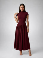 Elowen Crew Neck Short Sleeve Pleated A Line Midi Dress in Burgundy
