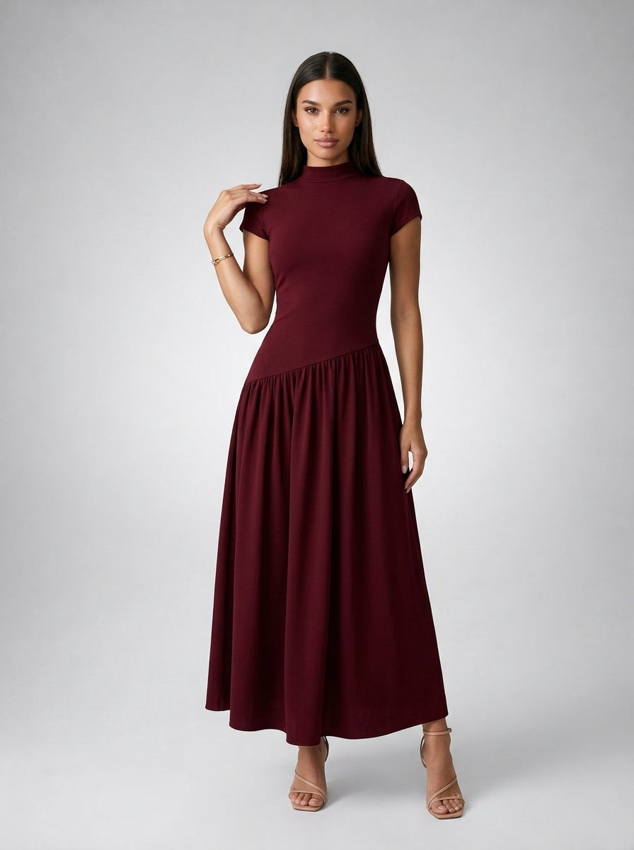 Elowen Crew Neck Short Sleeve Pleated A Line Midi Dress in Burgundy