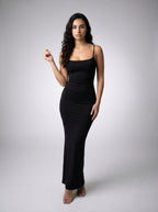 Ludivine Scoop Neck Spaghetti Strap Bodycon Maxi Dress in Black